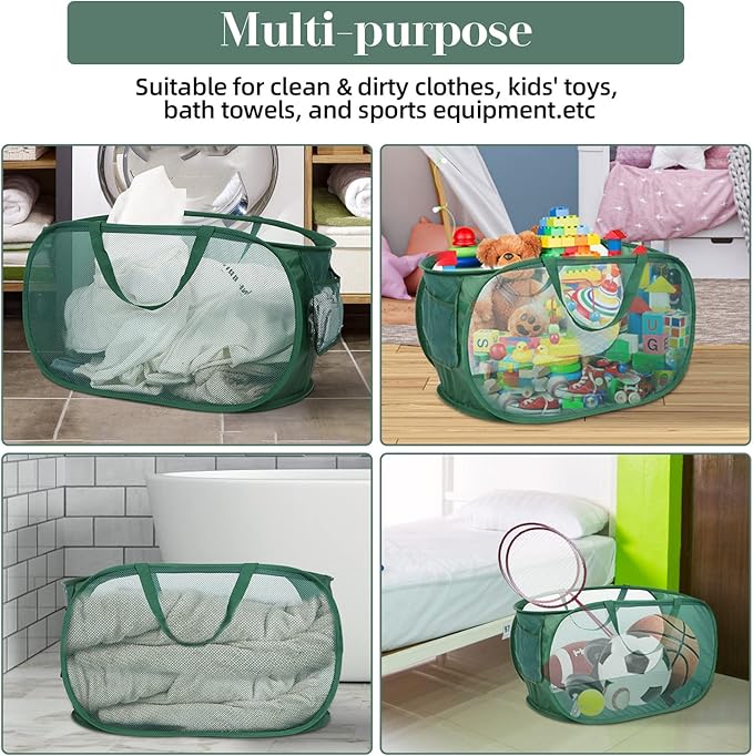 4 Pack Durable Collapsible Laundry Baskets, Mesh Foldable Laundry Basket, Pop Up Laundry Hamper with Pocket, Clothes Hamper with Reinforced Handles for Laundry, Bathroom, Kids Room, Dorm or Travel