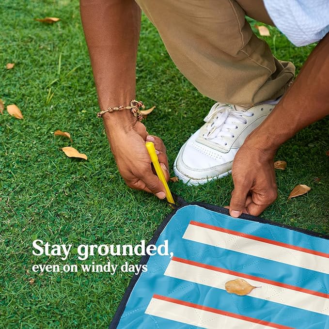 Cozy Club Waterproof Picnic Blanket Foldable Outdoor Mat with Pocket, Stakes & Shoulder Strap | Sandproof, Durable & Portable for Beach, Camping, Sporting Events & Travel | US Brand