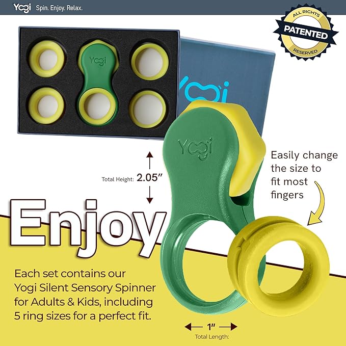 Yogi Fidget Toy – Silent Sensory Spinner for Adults & Kids – Stress Relief Fidgets for ADHD, Anxiety – Fidget Toys for Adults – Includes 5 Finger-Fit Rings – Work, School & Travel – Lime