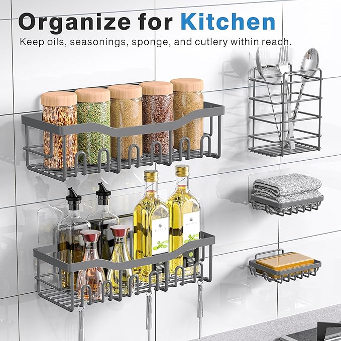 EUDELE 5-Pack Rustproof Stainless Steel Shower Caddy – No Drill Adhesive Bathroom Organizer with Large Capacity, Spacious Shower Shelves for Inside Shower, Kitchen & Home Decor Storage - XL Size