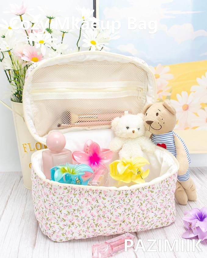 Quilted Makeup Bag Large Travel Zipper Soft Cosmetic Case for Women Girls Make Up, Floral Pink