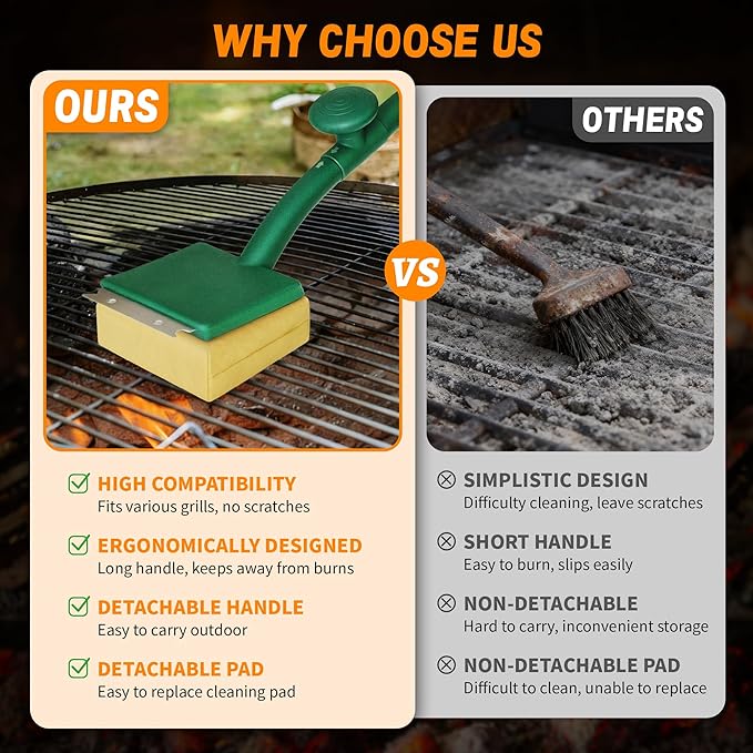 Grill Brush Bristle Free, BBQ Replaceable Cleaning Head, Safe Barbecue Grill Cleaner, with Seamless Fit Scraper Tool for Cast Iron, Stainless-Steel Grates - Green