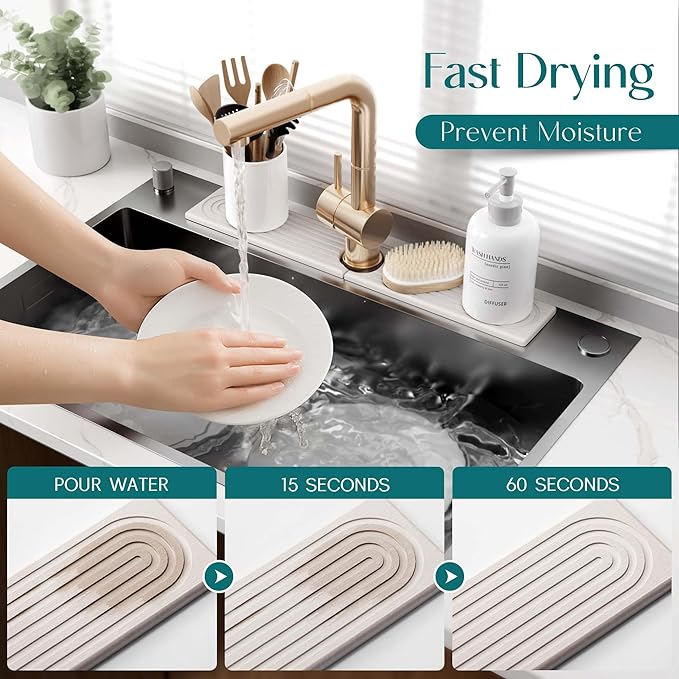 Faucet Mat for Kitchen Sink – Diatomite Stone Drying Mat & Sink Protector, Prevent Moisture – Sink Splash Guard Water-Absorbing Stone Tray for Bathroom Counter (Light Grey,23.6" x 3.9")