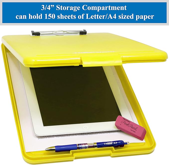Think2Master [3 Pack] Yellow Plastic Storage Clipboard. | 25% Heavier & Sturdier| Heavy Duty and Won’t Flex Like Other Brands (Compare The Weight). Storage Compartment Holds 150 Letter Sized Paper.