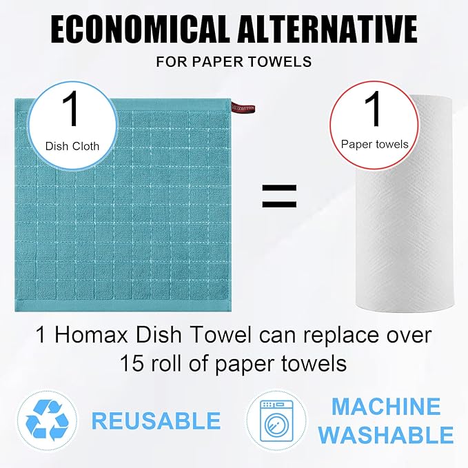 Homaxy 100% Cotton Terry Kitchen Dish Cloths, Ultra Soft and Absorbent Dish Towels for Kitchen, Suitable for Drying and Washing Dishes, 6 Pack, 12 x 12 Inches, Lake Blue