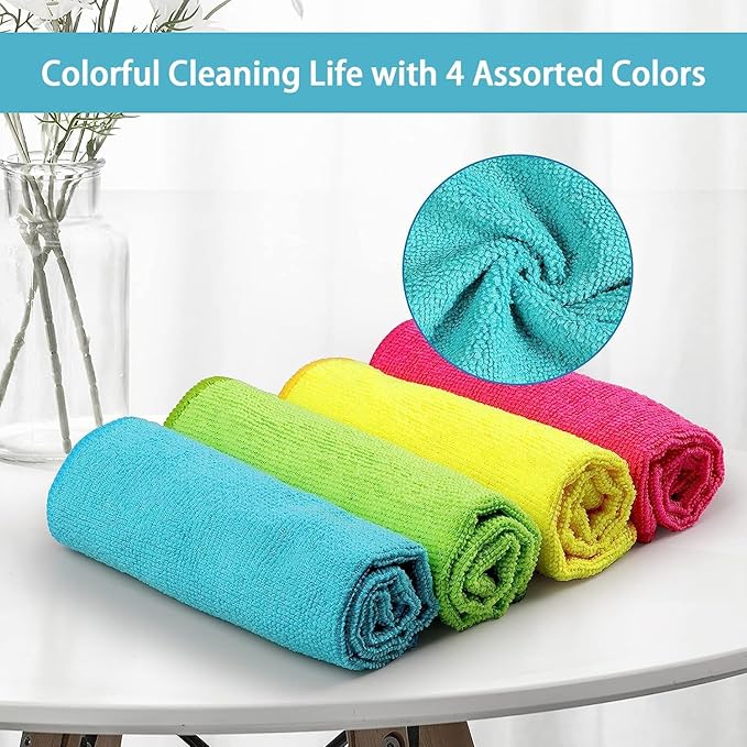 HOMEXCEL Microfiber Cleaning Cloth 210GSM, Pack of 12, Size:11.5" x 11.5", Ultra-Soft, High-Density Non-Abrasive Cleaning Towels for Cars, Glass, Kitchen, Reusable Rags, Blue/Green/Yellow/Pink