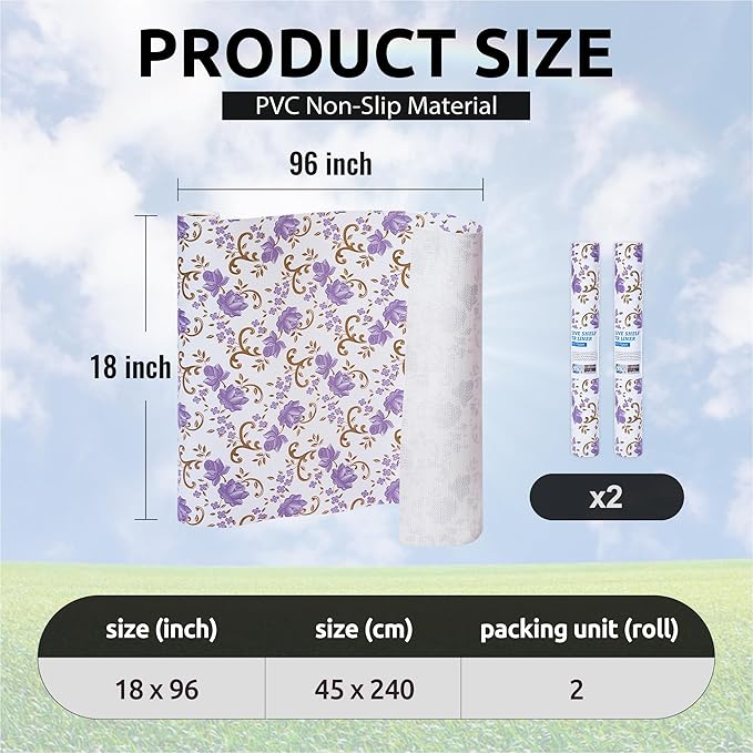 18X96 Inch Shelf Liner for Kitchen Cabinets, PVC Drawer Liner for Dresser Non-Slip Bathroom, Non-Adhesive Cabinet Liner Washable (Purple Floral)(2 Roll)