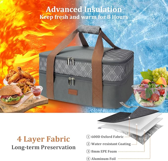 Vuudh Expandable Casserole Carrier Bag - Double Decker Food Bag, Insulated Casserole Carrier for Hot or Cold Food, Lasagna Holder Tote for Picnics,Beaches,Traveling or Gifts