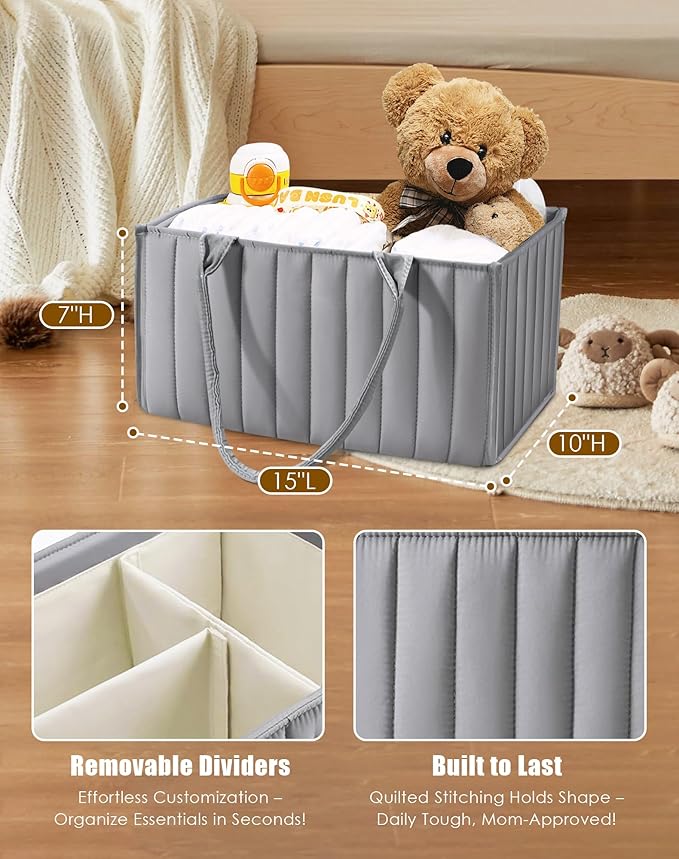 SWEET DOLPHIN 2-Pack Baby Diaper Caddy Organizers, Stylish Storage Baskets for Newborn Essentials, Diaper Station & Car Travel, Value Bundle for Baby Shower Gifts & Registry Must-Haves - Grey