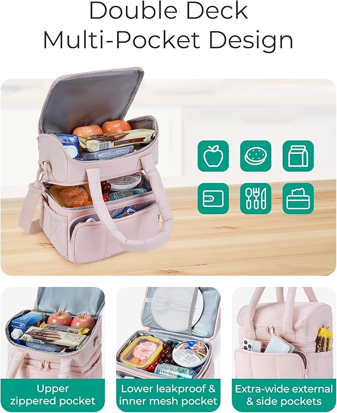 BAGSMART Lunch Bag Women, Double Deck Insulated Lunch Box, Quilted Puffer Lunch Tote, Leakproof, Durable & Reusable Large Lunch Cooler For Work Picnic Travel Meal Prep, Lavender Purple