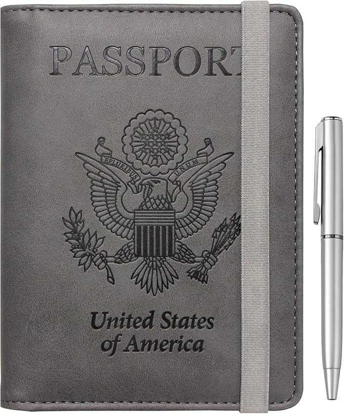 WALNEW Passport Holder for Travel, RFID Passport Cover Wallet for Women Men, PU Leather Passport Book Card Holder Case with Pen, Travelling Essentials for Flying