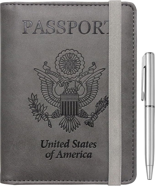 WALNEW Passport Holder for Travel, RFID Passport Cover Wallet for Women Men, PU Leather Passport Book Card Holder Case with Pen, Travelling Essentials for Flying