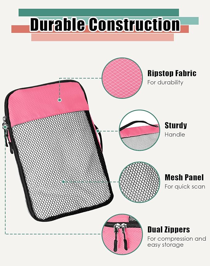 4-Piece Packing Cubes Travel Accessories Set for Suitcases - Luggage Organizer Bags with Double Zipper - Mesh Top - Small/Medium/Large/Slim - Pink