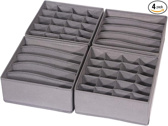 DIOMMELL 4 Pack Foldable Cloth Storage Box Closet Dresser Drawer Organizer Fabric Baskets Bins Containers Divider for Clothes Underwear Bras Socks Lingerie Clothing, M Grey 22-0000
