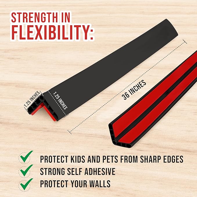 Rubber Bond Wall Corner Guard Edge Protector - 1x1x36 inch Baby Proofing Corner Guards - Self-Adhesive Furniture Edge Strips for Home and Office (15 Pack, Black)
