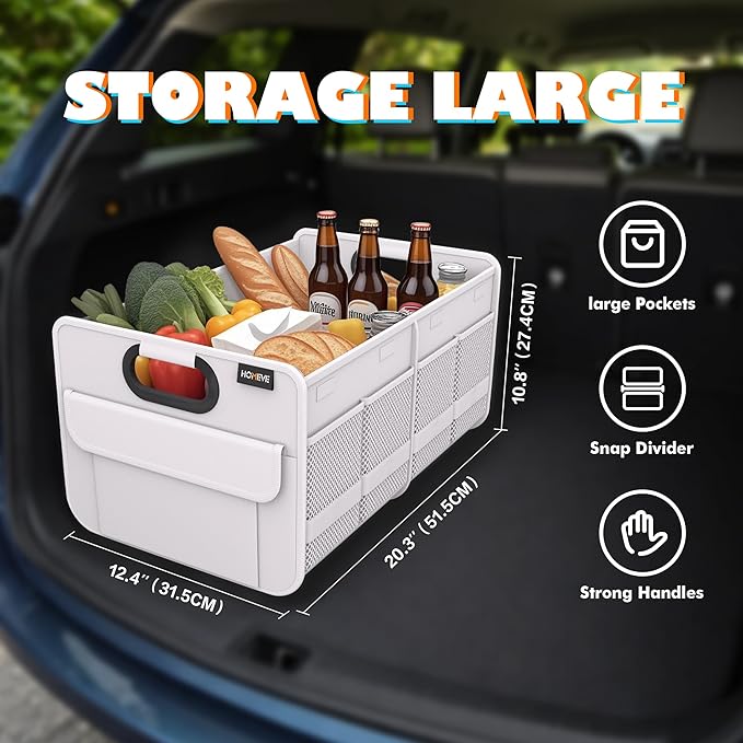 Homeve Trunk Organizer, Car Storage, Reinforced Handles, Collapsible Multi-Compartment Car Organizers, Foldable, Waterproof, 2 Compartments, Suitable for Car Accessories, SUV (White, Standard)