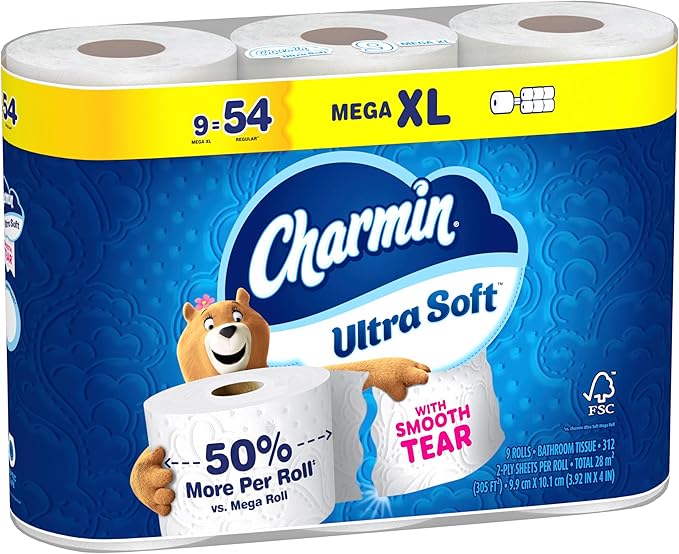 Charmin Ultra Soft Toilet Paper, 9 Mega XL Rolls = 54 Regular Rolls, 2-ply Bath Tissue