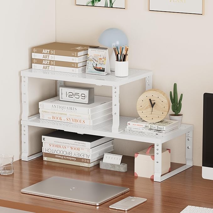 Metal Stackable Expandable Storage Shelf - Multi-Functional Home Storage Shelf, Suitable for Kitchen, Cabinet, Bathroom, Office, Garage, etc. (2 PACKS/White/Large)