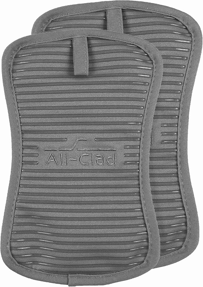 All-Clad Premium Pot Holder & Heating Pad, (2-Pack) Heat Resistant to 500 Degrees, 100% Cotton 10"x6.25" for Kitchen and Barbecue, Pewter