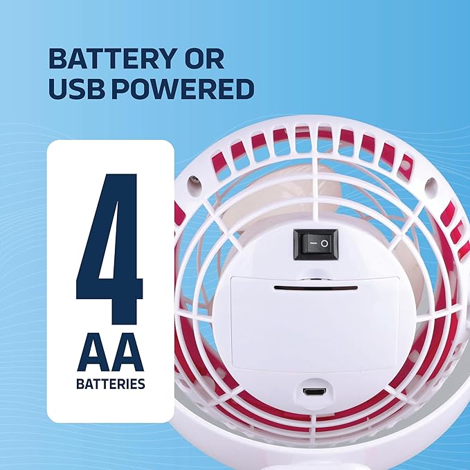 4" Clip or Desk Fan, USB or Battery Powered, 4 inch, Single Speed Setting, Adjustable Tilt, Lightweight, Ideal for Home, Bedroom, Office, or Dorm