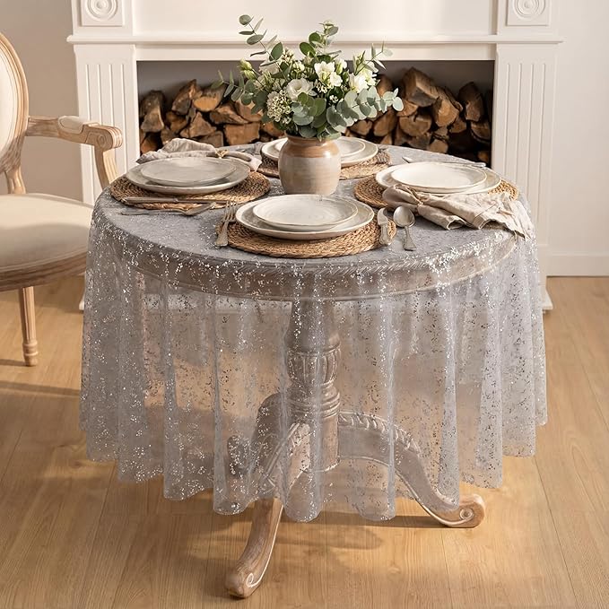 Horaldaily Grey Silver Tablecloth 60x60 Inch Round, Silver Glitter Metallic Foil, Sheer Tulle Cheesecloth for Wedding Baby Shower Ceremony Birthday