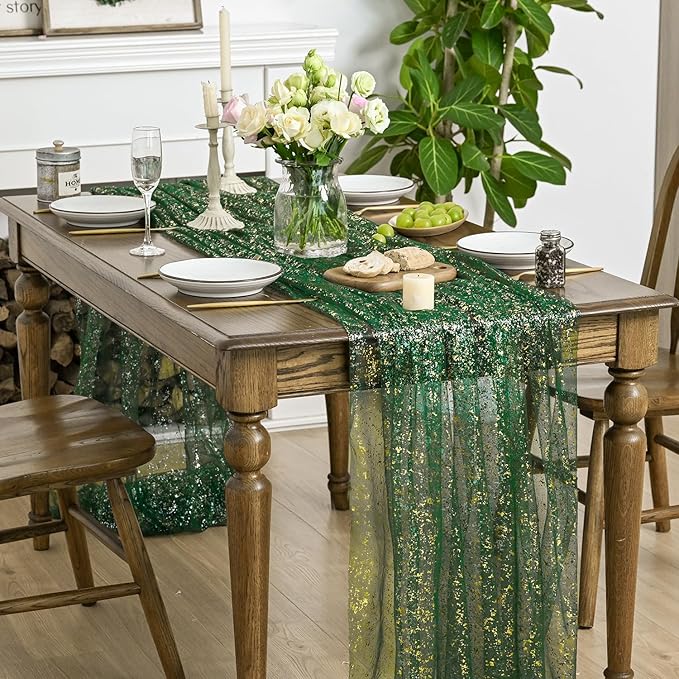Horaldaily Green Gold Gauze Tablecloth 60x60 Inch Square, Green Sequin Glitter Metallic Foil, Sheer Tulle Cheesecloth for Wedding Baby Shower Ceremony Birthday