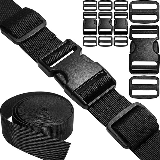 Nylon Straps 1-1/4 inch Wide with Buckles and Slides: 6 Yards of 1.25" Webbing, 4 Pack Side Release Buckles, 8 pcs Tri-Glide Sliders, Heavy Duty Plastic Clip Quick Fastener Replacement Dual Adjustable