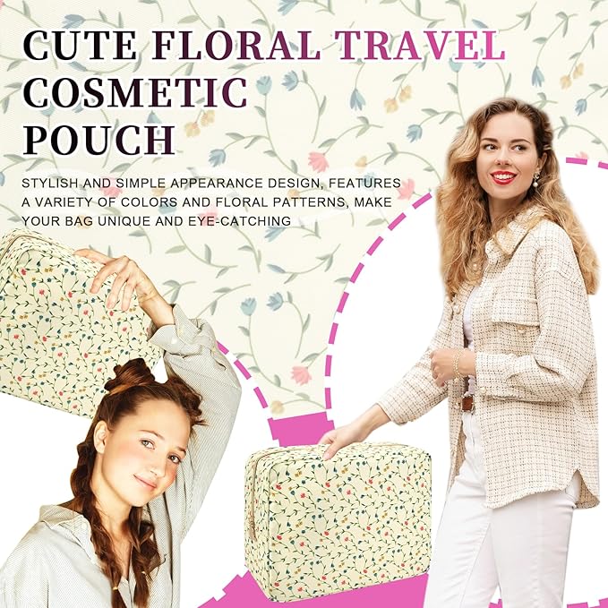 Waterproof Nylon Large Makeup Bag Travel Pouch, Floral Preppy Big Cosmetic Bag Make Up Organizer Toiletry Bag with Zipper, Large Capacity Cute Zipper Pouch Storage Bag for Women Girls(Vine Flower)