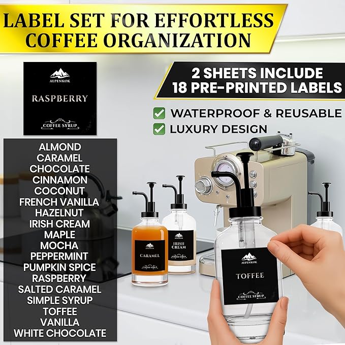 Set of 4 Glass Syrup Dispensers 16.9oz 500 ml – Pump Coffee Dispenser with 18 Marked Labels, Leak-Proof, Easy Cleaning – Coffee Essentials for Coffee Bar | Parties & Event Ready (Black Pumps)