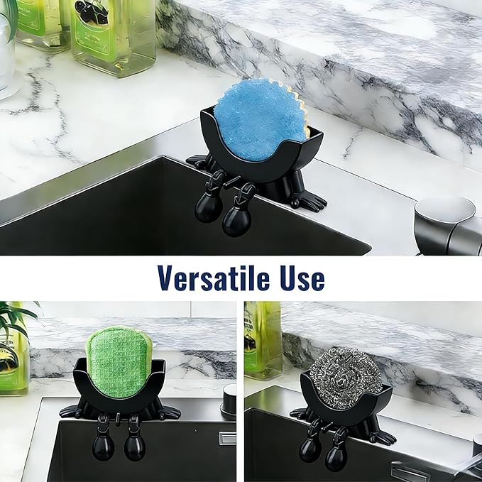 Cute Hanging Sponge Holder with Drainage, 3D Printed Kitchen Funny Sponge Stand for Sink, with Non-Slip Pads, Suitable for Scrub Daddy Holder, Keeps Your Sponge Dry Smiling (Black)