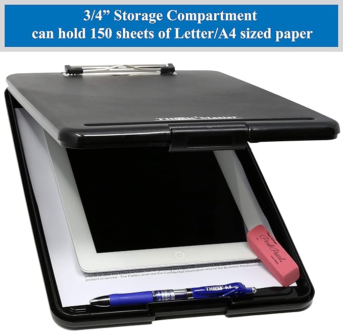 Think2Master [3 Pack] Black Plastic Storage Clipboard. | 25% Heavier & Sturdier| Heavy Duty and Won’t Flex Like Other Brands (Compare The Weight). Storage Compartment Holds 150 Letter Sized Paper.