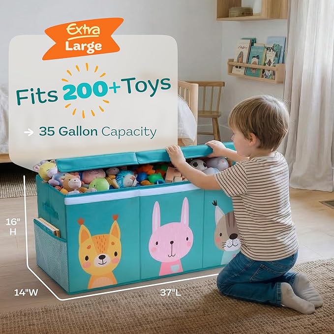 Extra Large Toy Storage Organizer with Lid - Sturdy, Collapsible Toy Chest Storage Box with Cute Design - Toys Bin with Dividers for Kids, Boys, Girls, Nursery, Bedroom, Play room 37"x16"x14"