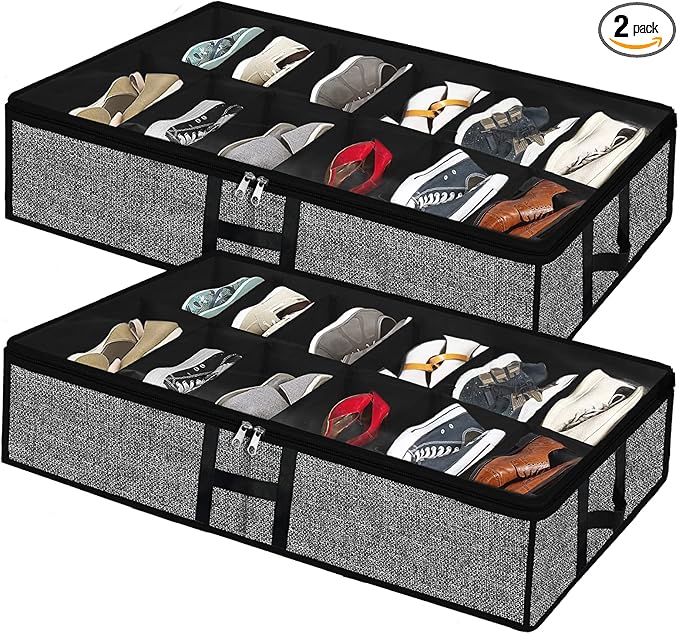 Under Bed Shoe Organizer Storage for Closet 2 Pack- Fits 24 Pairs Underbed Shoes Container Boxes with H Shap Sturdy Handles and Clear Window,Foldable Shoe Rack Holder,Black