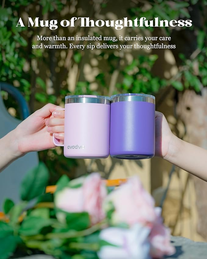 12oz Insulated Coffee Mug with Lid – Includes Two Lids, Stainless Steel Coffee Travel Mug with Handle, Double Wall Vacuum Insulated Camping Mug for Home, Office & Outdoor, Pink