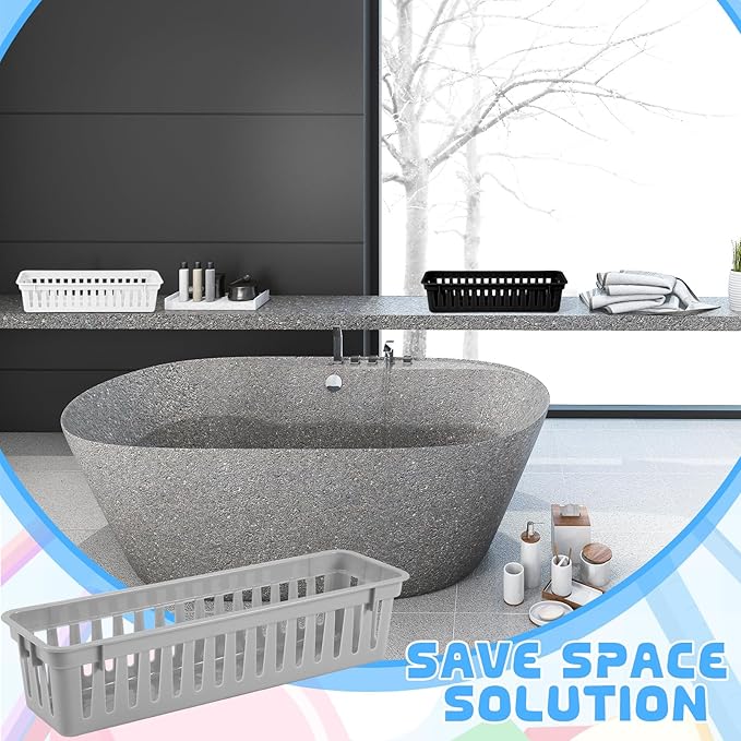 12 Pcs Black,White,Gray Slim Plastic Storage Baskets Tray 10 x 3 x 2.5 Inch Compact Stackable Desk Organizer for Office, Classroom, School Supplies, and Home Storage, Organization(Black,White,Gray)