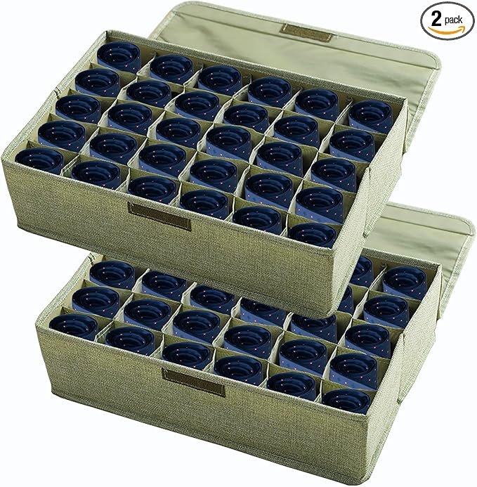 AARAINBOW 2 Packs Underwear Socks Ties Storage Organizer with Lids Foldable Closet Drawer Organizer 60 Cells, Fabric Drawer Wardrobe Divider Storage Boxes for Scarves and Lingerie (30 Cell, 2 Green)
