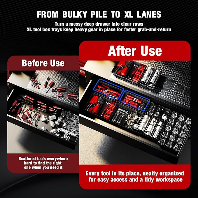 【6 PCS Extra-Large】 Tool Box Drawer Organizer Trays with Non-slip Pads, Heavy-Duty Tool Chest Drawer Organizer for Rolling Tool Chest and Garage Drawers, Truck Toolbox organizer and Workbench Storage