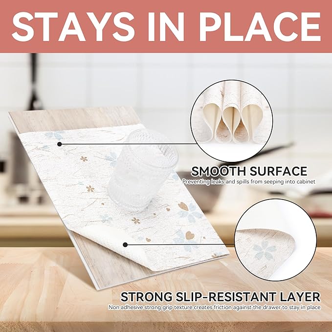 RAY STAR Shelf Liner, Non Adhesive White Floral Cabinet Liner for Pantry Drawer, Strong Grip Non Slip Waterproof, Shelf Liners for Kitchen Cabinets Organization 18 Inch x 8 FT (5 Rolls)