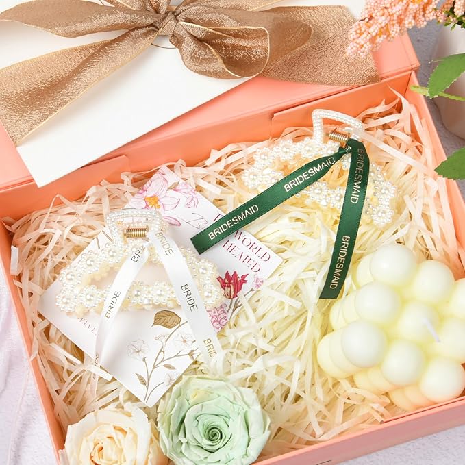 DEEKA Bridesmaid Proposal Gifts 8 Pack Pearl Bridesmaid Hair Claw Clips with Ribbon 3 Inch Hair Clips Bachelorette Party Favors Bridal Party Present Hair Accessories (Half Circle White&Dark Green)