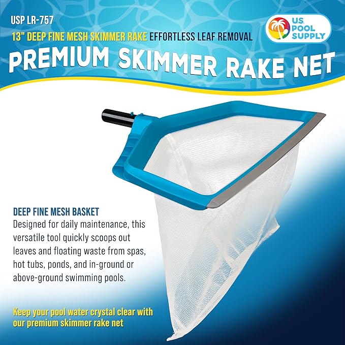 U.S. Pool Supply Pool Skimmer Net - Leaf Rake Fine Mesh Pool Skimmer Net, Rubber Scoop Edge, 13" Deep Leaf Bag, Aluminum Pole Handle - Skim Surface Leaves, Clean Spa Hot Tub Pond Inground Above Ground