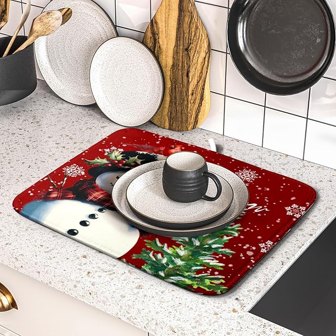 Winter Snowflake Red Dish Drying Mat for Kitchen Counter,Xmas Trees Snowman Cardinal Bird Drying Mat 16 x 18 Inch with High Absorbent Microfiber Drainer Mat for Coffee Bar