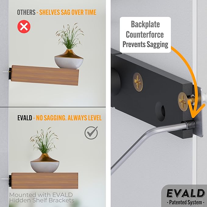 EVALD LevelMate™ 6" Titan-Mount Floating Shelf Brackets | Heavy Duty Hidden Black Carbon Steel Wall Supports for Wood Mantel, Bookshelf, Kitchen & Office Shelving | Invisible Bracket Hardware (6 Pack)