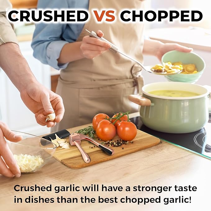 Zulay Kitchen Large Premium Garlic Press Set - Bigger Bowl for Bigger Garlic - Rust Proof & Dishwasher Safe Garlic Mincer Tool - Easy-Squeeze, Easy-Clean Silicone Garlic Peeler & Brush (Rose Gold)