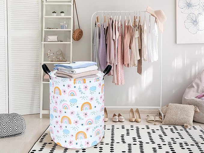 Rainbow Print Round Laundry Hamper Storage Basket Bins Clothes Nursery Hamper for Home, Gift Storage Bins with Handles