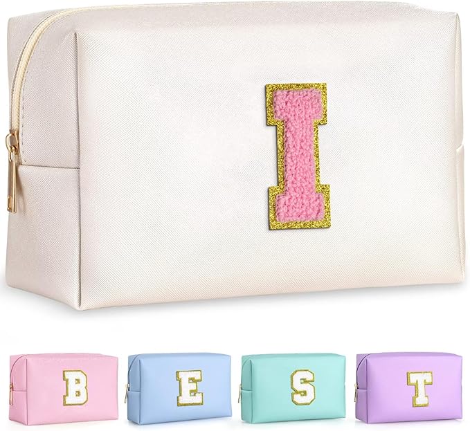 TOPEAST Preppy Makeup Bag, Cute Makeup Pouch PU Leather Waterproof Cosmetic Bag, Personalized Birthday Gifts for Mom Teacher Friends Bridesmaids Nurse, Trendy Stuff for Girls (Pearly White I)