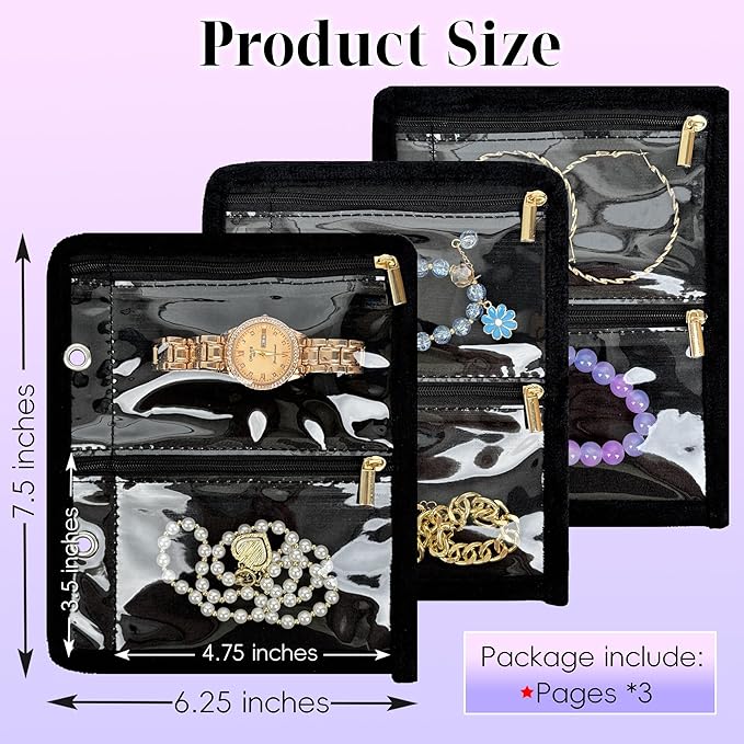 Travel Jewelry Organizer Case, Jewelry Bags for Traveling, Jewelry Binder with 24 Pcs Clear Zipper Velvet Pouches (Inner Pages, 3 PCS)