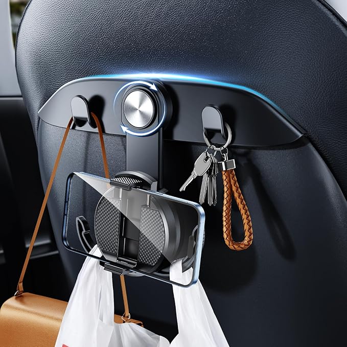 1 Pack Car Seat Hooks & Phone Mount for Tesla Model Y (Juniper) Model 3 (Highland) Accessories 2026 2025 2024 2023 2022 2021, Multifunction Clip Phone Holder | Car Seat Back Storage Hook Purse/Bag