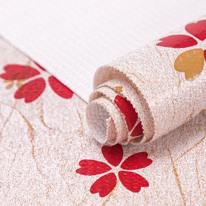 RAY STAR 12X120 Inch Shelf Liner for Kitchen Cabinets, Non-Adhesive Washable Cabinet Liner, Non-Slip PVC Drawer Liner for Dresser Bathroom (Red Floral)(5 Roll)