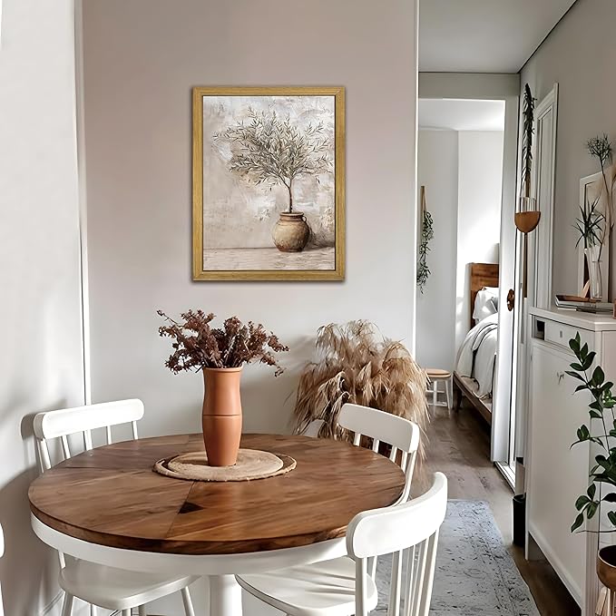 Wood Framed Olive Tree Canvas Wall Art, Room Aesthetic Oil Painting, Rustic Vintage Potted Plant Wall Decor, Neutral Botanical Artwork for Living Room Kitchen Dining Room Farmhouse Home Decor 16x24 in