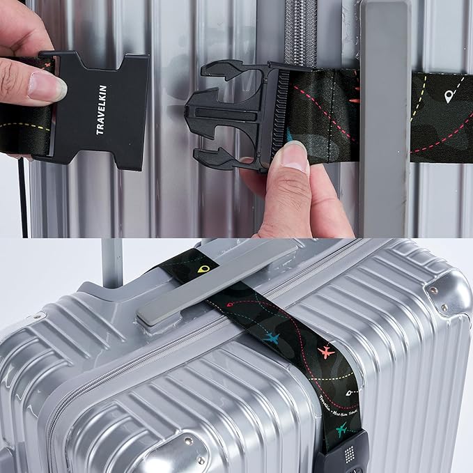 Travelkin Luggage Straps TSA Approved - Adjustable Cross Suitcase Straps with TSA Lock, Reinforced Buckle, Unique Pattern - Secure Heavy Duty Luggage Straps for Travel (Air Line Black)